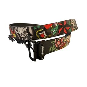 Ed Hardy Reversible Belt 34 Tattoo Graphic Skull Rose Mermaid Blk Leather Buckle